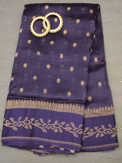 Banarasi Tussar Saree-Navy Blue Round Butta