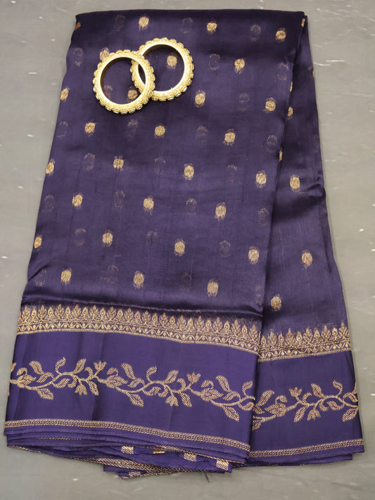 Banarasi Tussar Saree-Navy Blue Round Butta