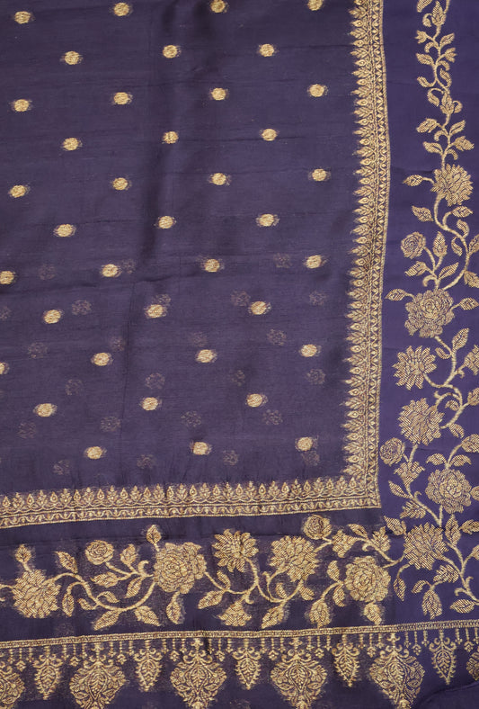 Banarasi Tussar Saree-Navy Blue Round Butta
