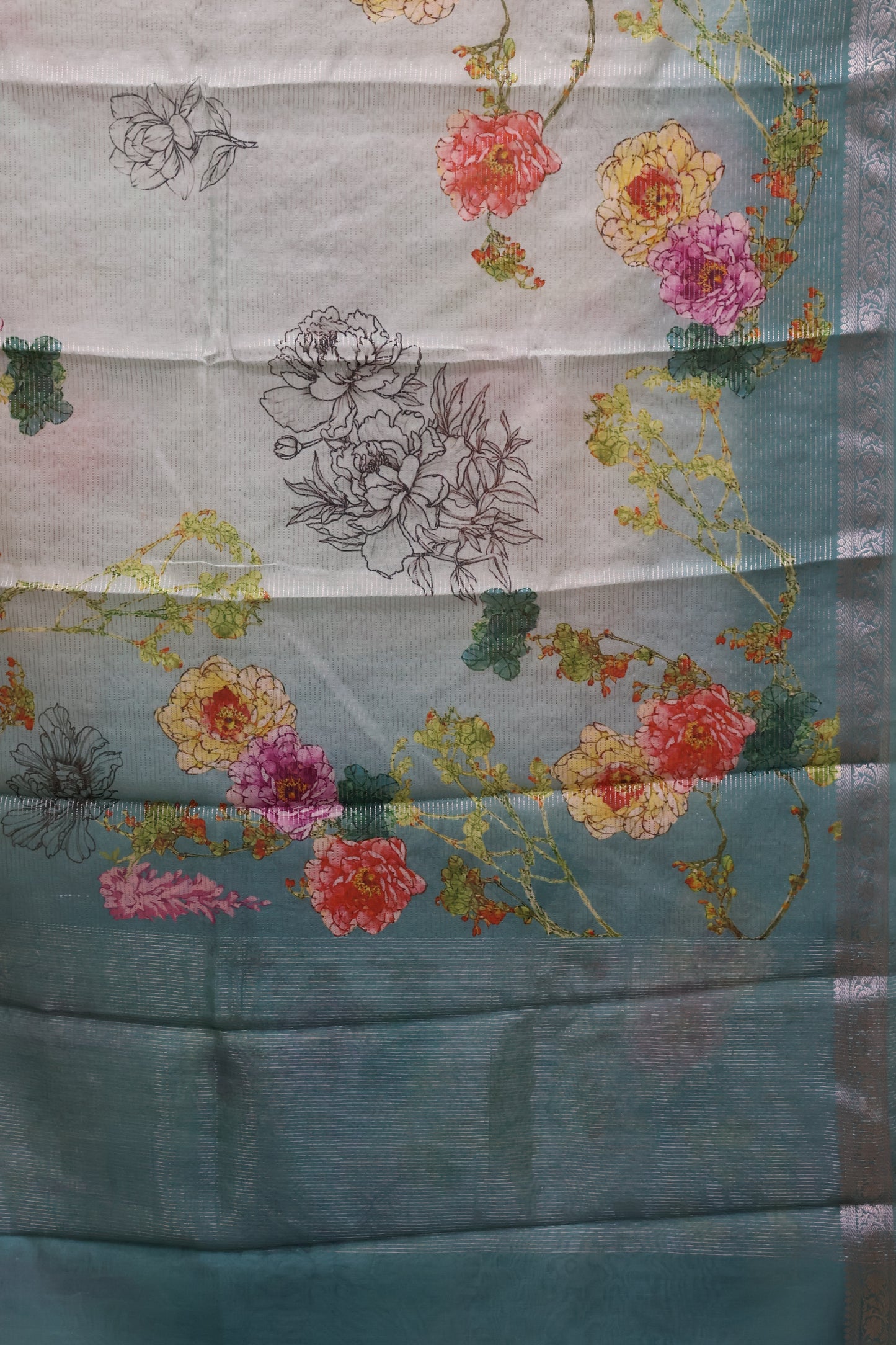 Chanderi Saree Pichwai Print -Green Zari Line