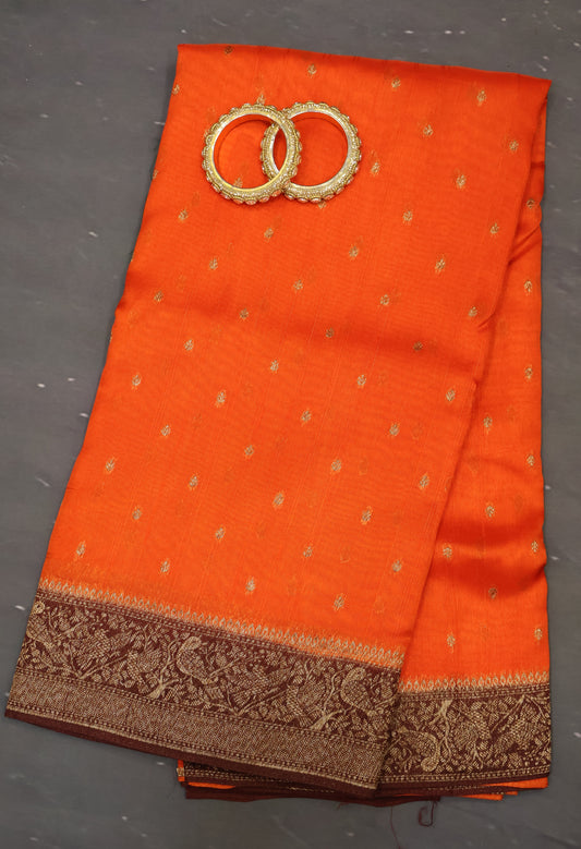 Banarasi Tussar Saree-Orange Sparrow Zari