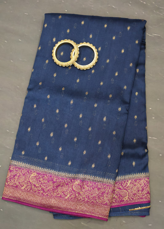Banarasi Tussar Saree-Peacock Blue Sparrow Zari