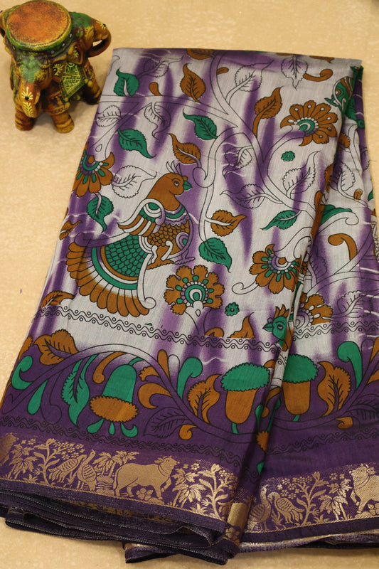 Malai Cotton Saree Kalamkari Print - Lavender
