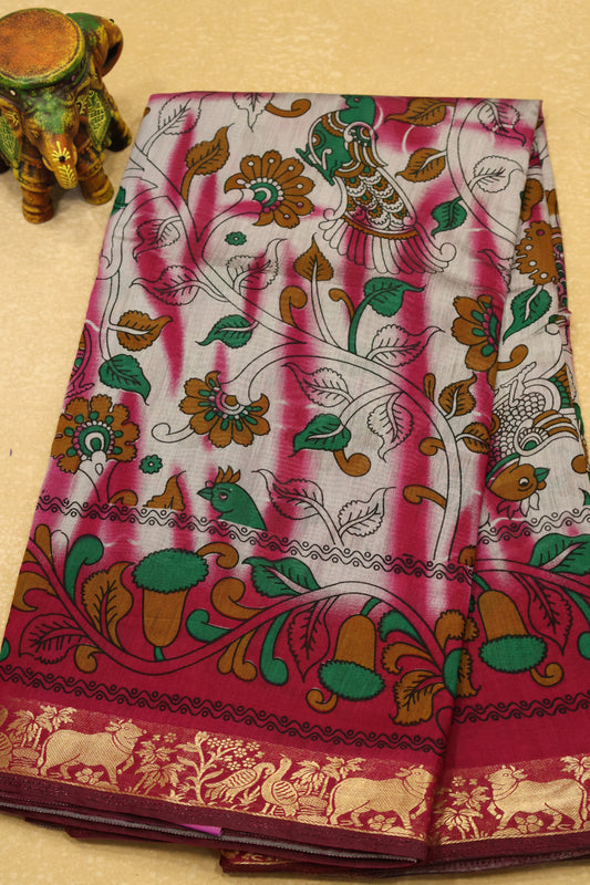 Malai Cotton Saree Kalamkari Print - Magenta