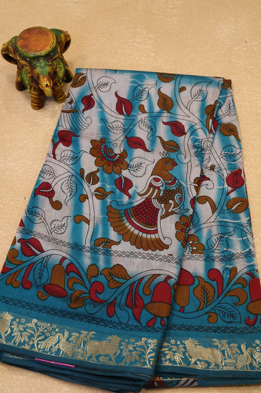 Malai Cotton Saree Kalamkari Print -Blue