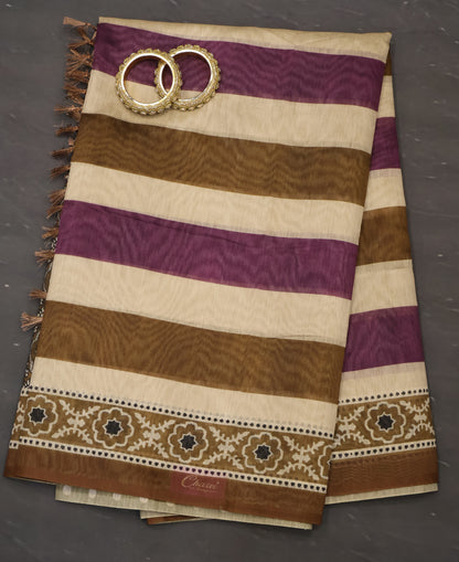 Semi Chanderi Saree-Khaki Vertical Pattern