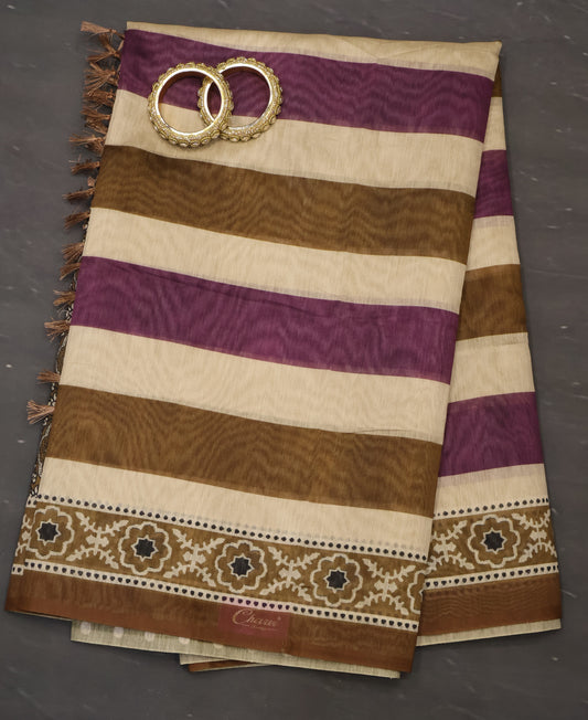 Semi Chanderi Saree-Khaki Vertical Pattern