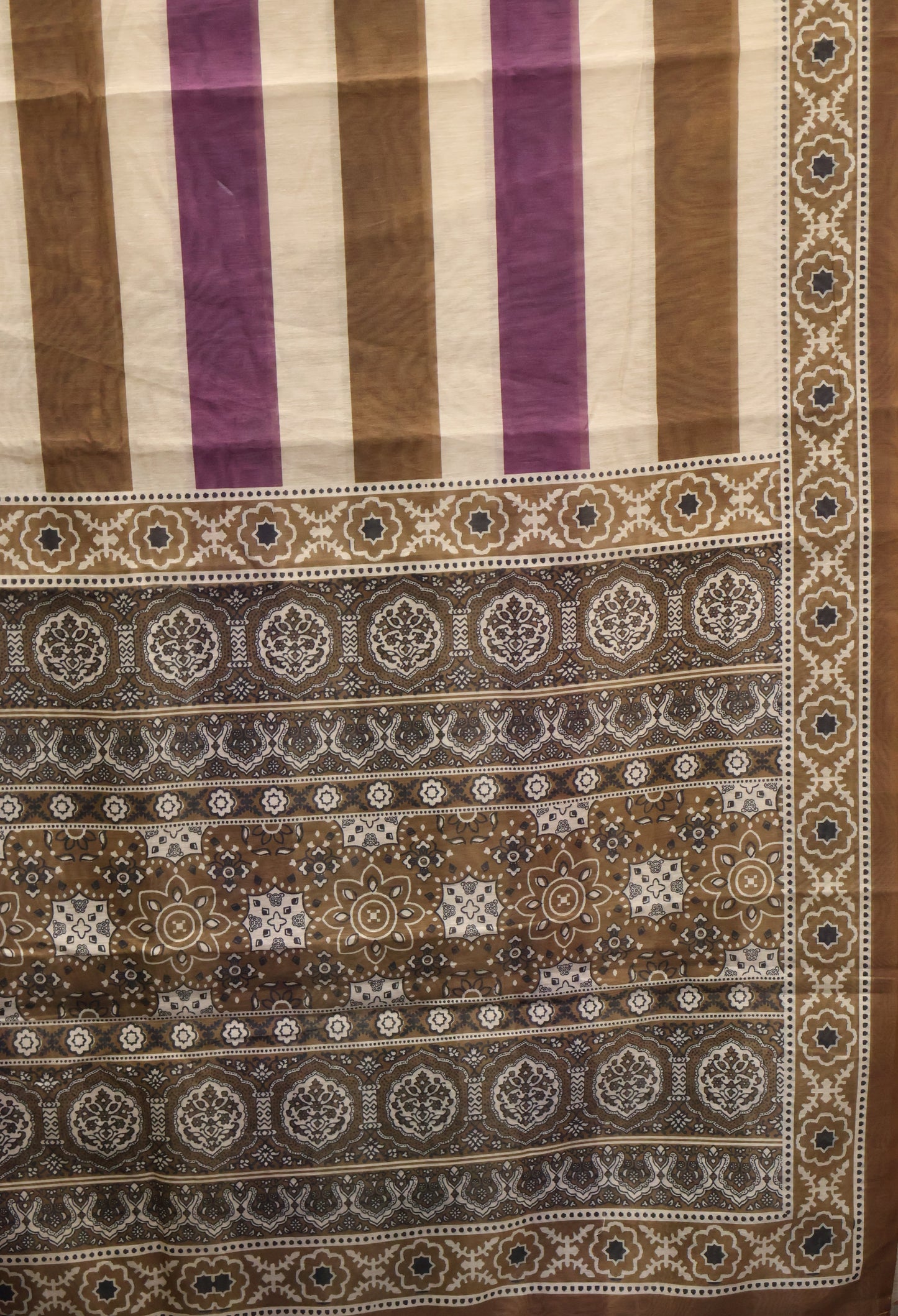Semi Chanderi Saree-Khaki Vertical Pattern