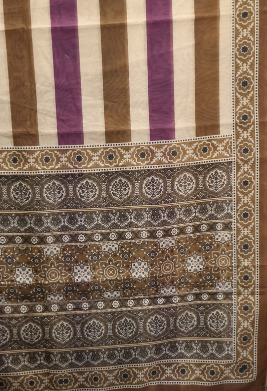 Semi Chanderi Saree-Khaki Vertical Pattern
