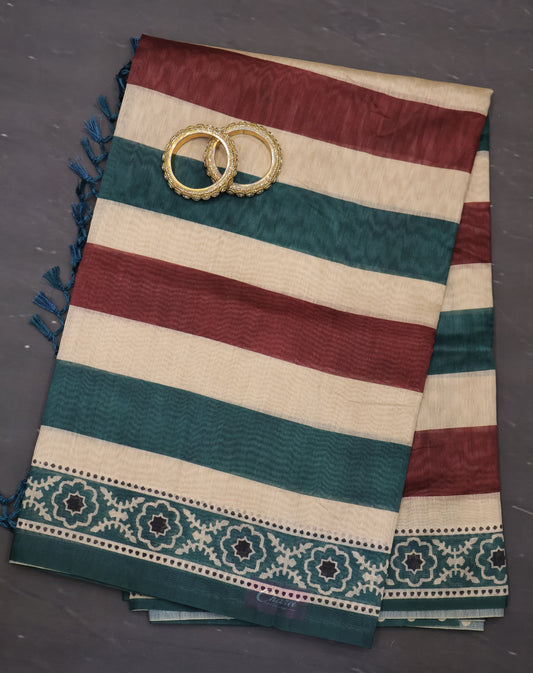 Semi Chanderi Saree-Green Vertical Pattern