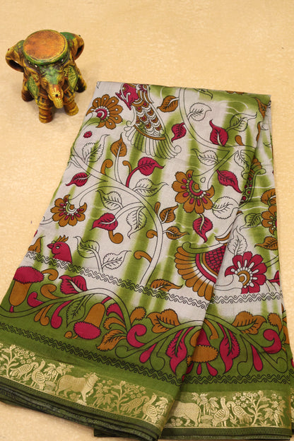 Malai Cotton Saree Kalamkari Print -Olive Green
