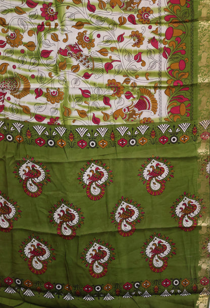 Malai Cotton Saree Kalamkari Print -Olive Green