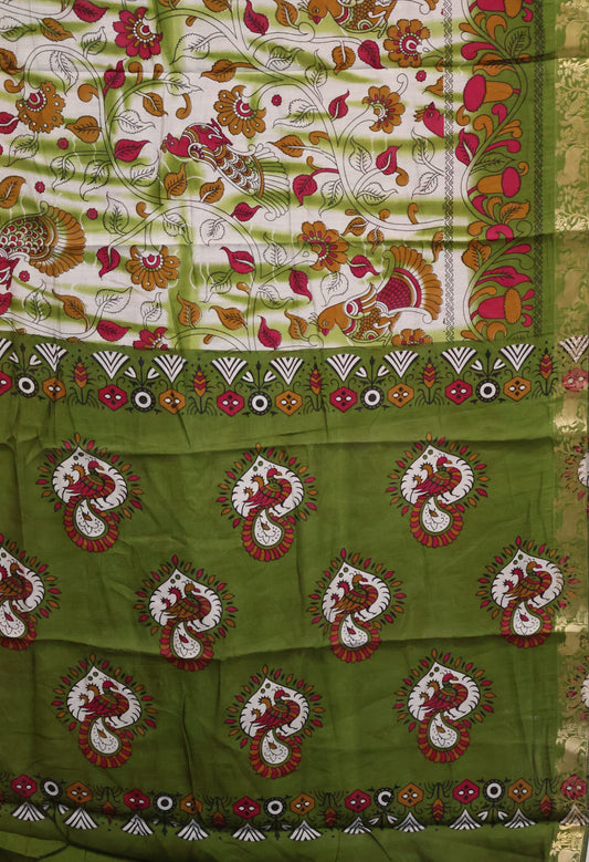 Malai Cotton Saree Kalamkari Print -Olive Green