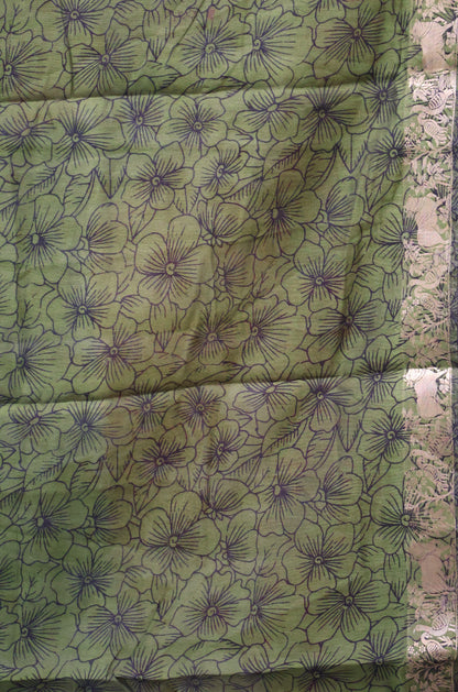 Malai Cotton Saree Kalamkari Print -Olive Green