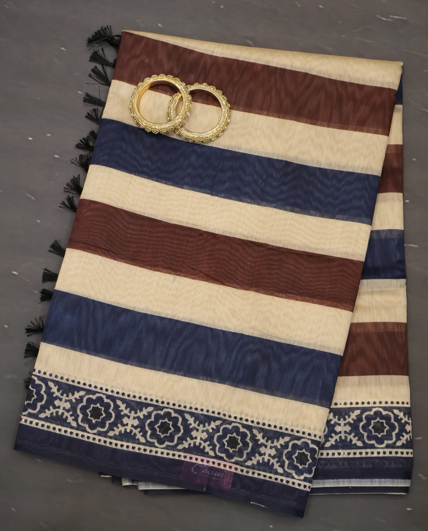 Semi Chanderi Saree-Blue Vertical Pattern