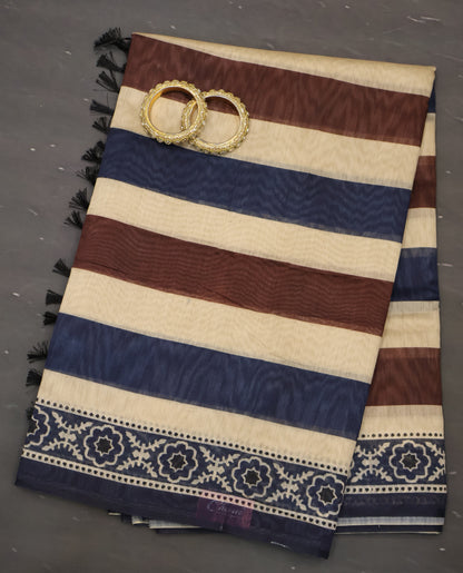 Semi Chanderi Saree-Blue Vertical Pattern