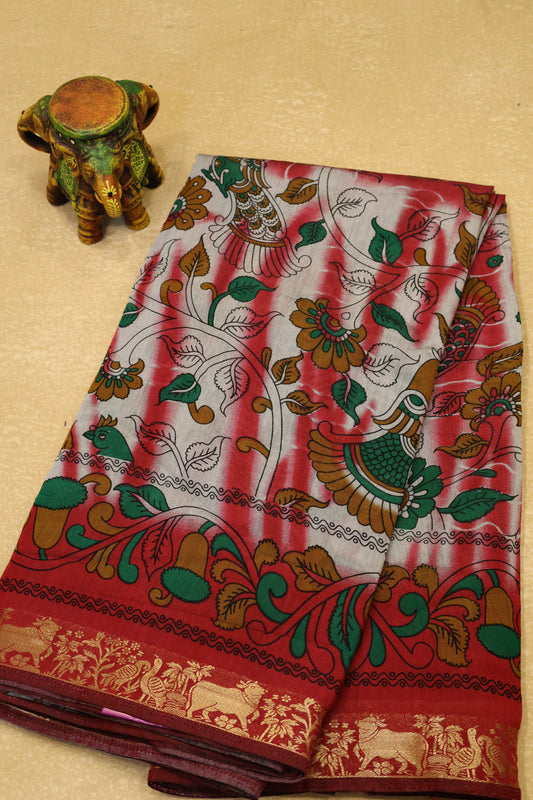 Malai Cotton Saree Kalamkari Print -Red