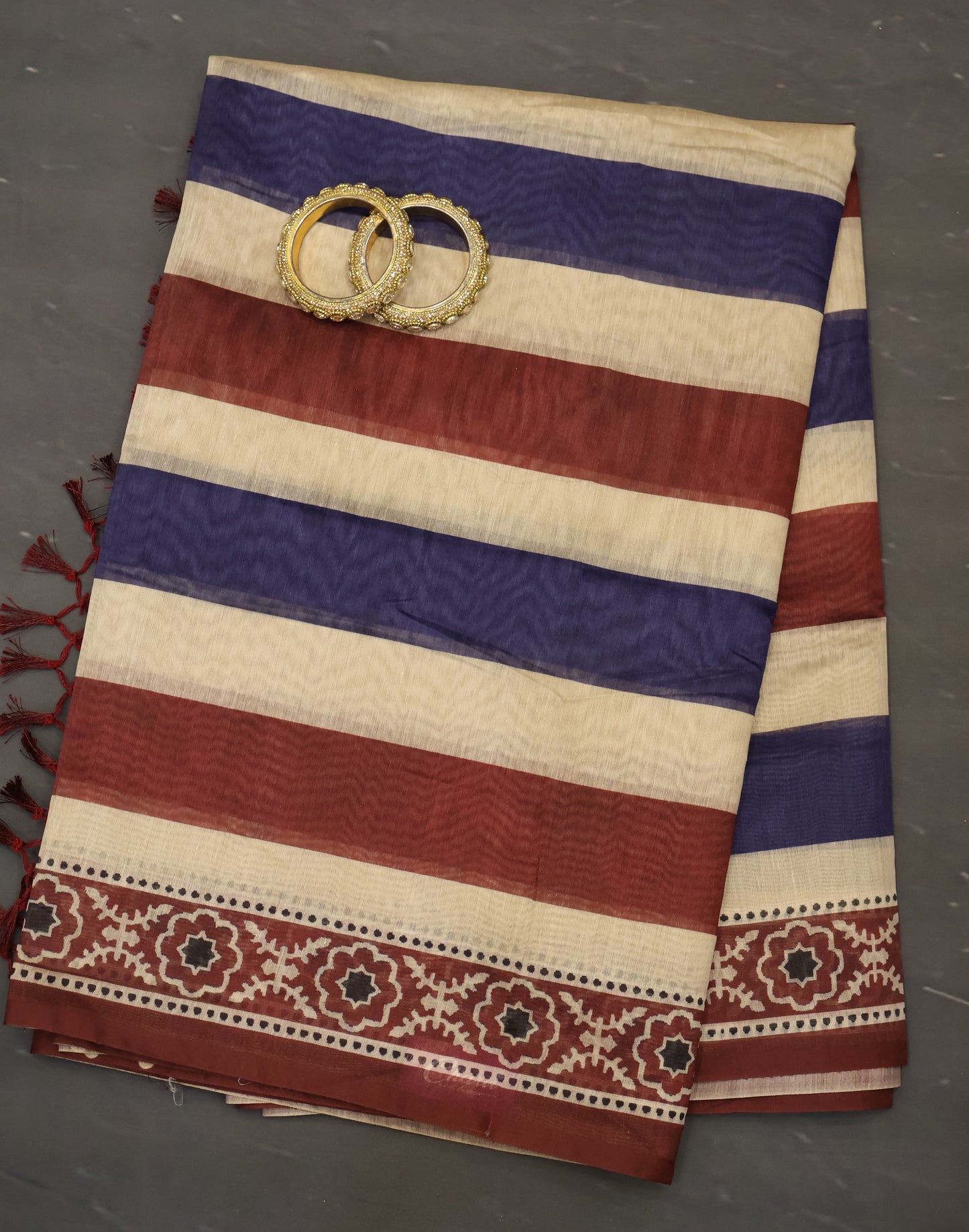 Semi Chanderi Saree-Maroon Vertical Pattern