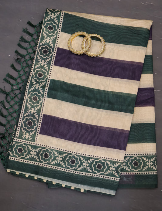 Semi Chanderi Saree-Bottle Green Vertical Pattern