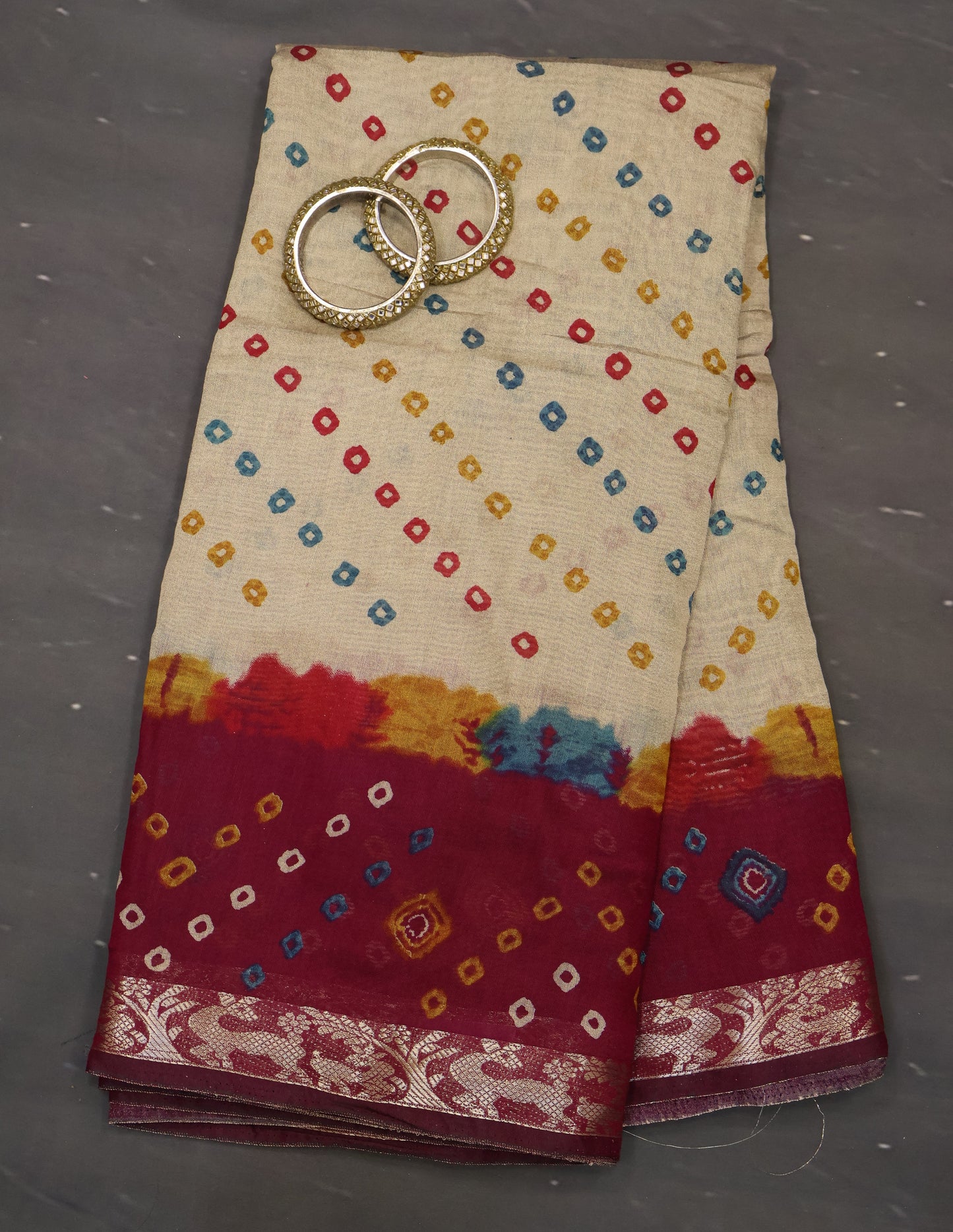 Malai Cotton Saree-Wine Bandhani Deer Pattern