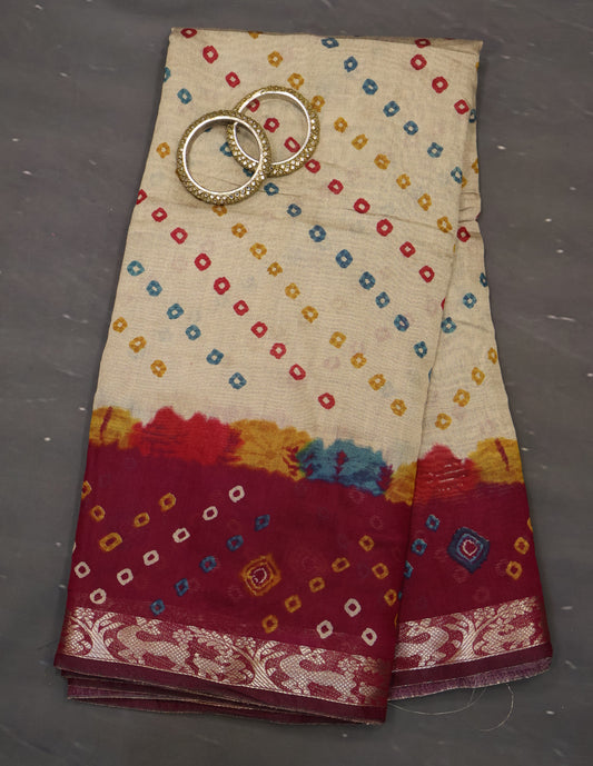 Malai Cotton Saree-Wine Bandhani Deer Pattern