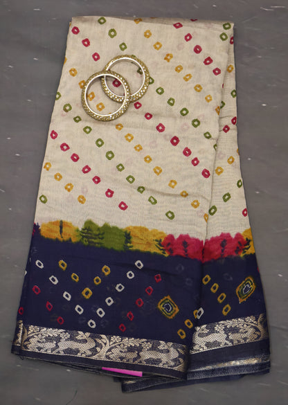 Malai Cotton Saree-Navy Blue Bandhani Deer Pattern