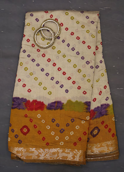 Malai Cotton Saree-Mustard Bandhani Deer Pattern