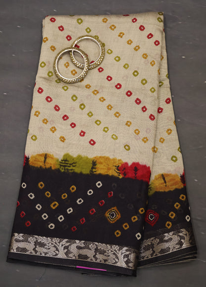 Malai Cotton Saree-Black Bandhani Deer Pattern