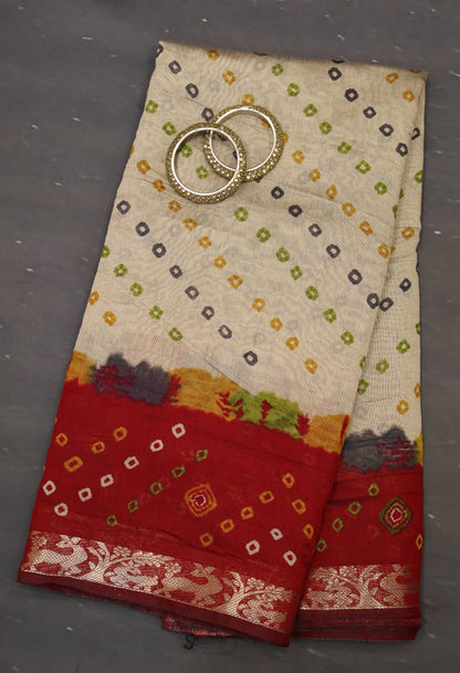 Malai Cotton Saree-Red Bandhani Deer Pattern