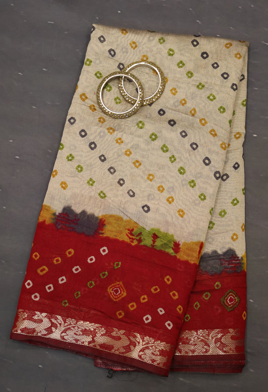 Malai Cotton Saree-Red Bandhani Deer Pattern