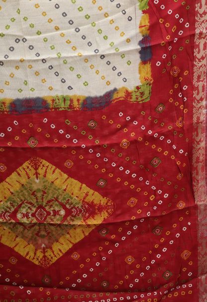 Malai Cotton Saree-Red Bandhani Deer Pattern