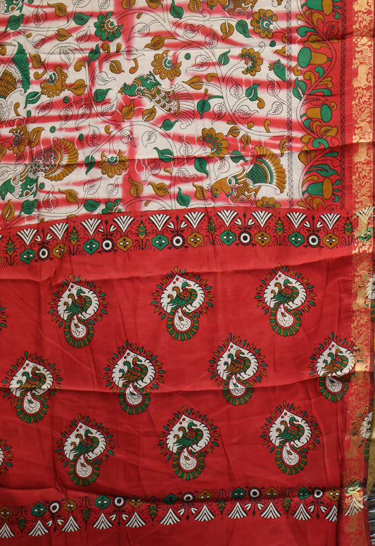 Malai Cotton Saree Kalamkari Print -Red