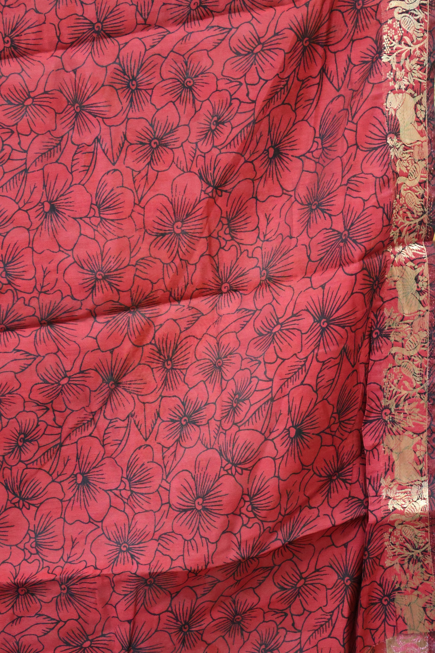 Malai Cotton Saree Kalamkari Print -Red