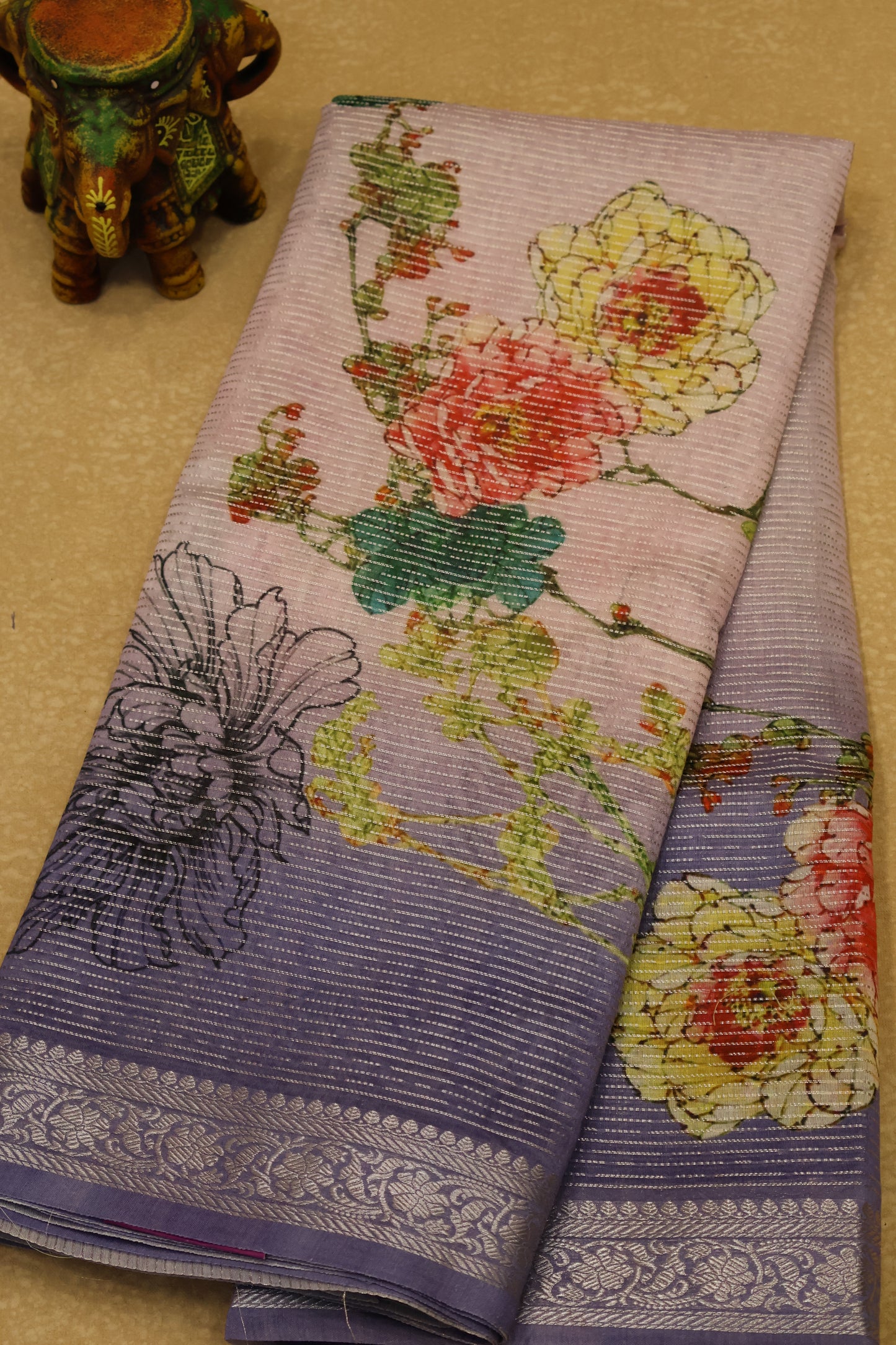 Chanderi Saree Pichwai Print -Blue Zari Line