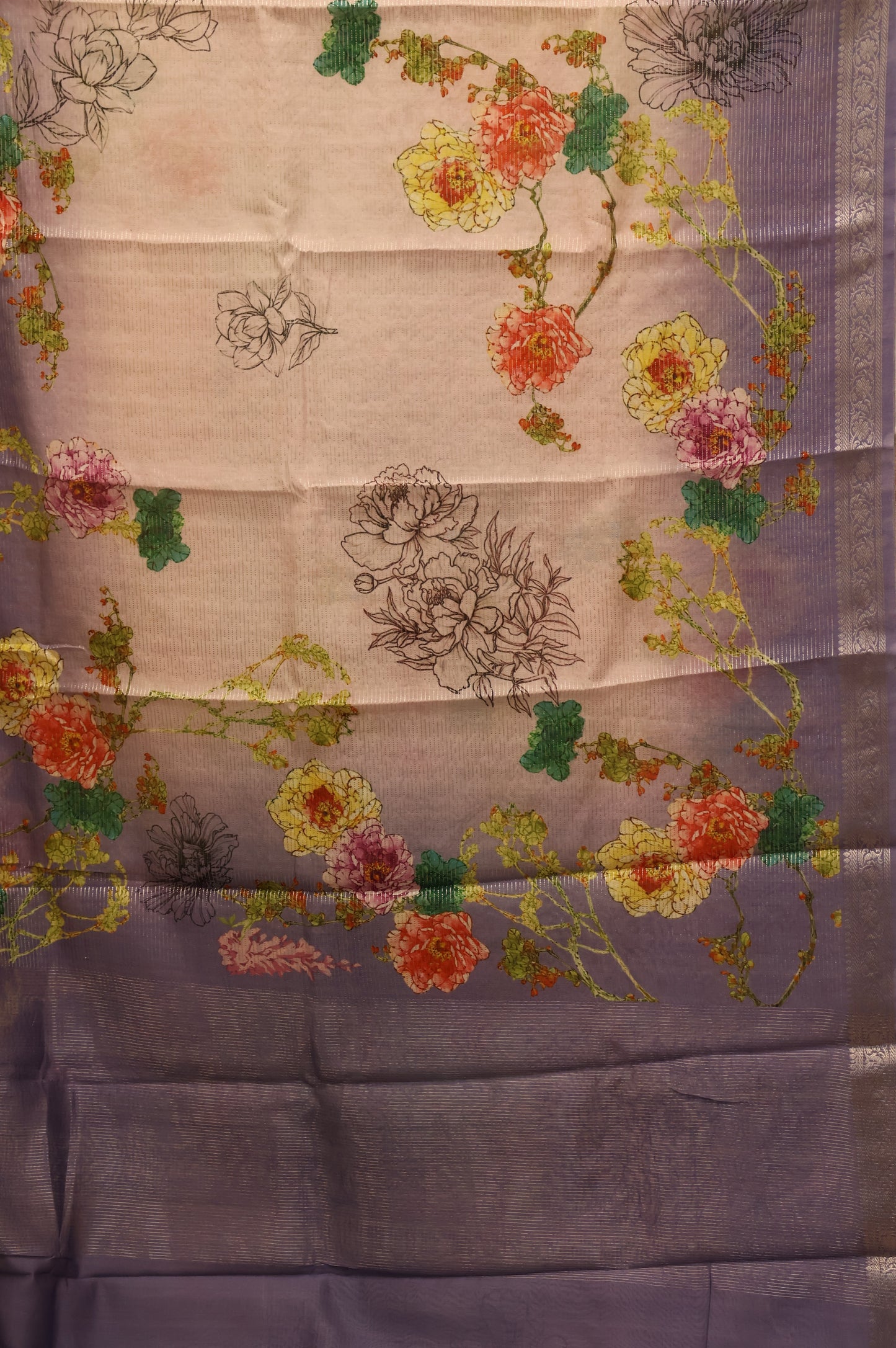 Chanderi Saree Pichwai Print -Blue Zari Line