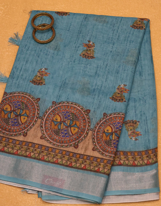Semi Linen With Madhubani Print -Blue Round Fish