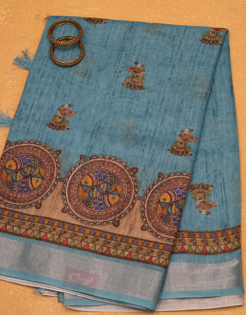 Semi Linen With Madhubani Print -Blue Round Fish