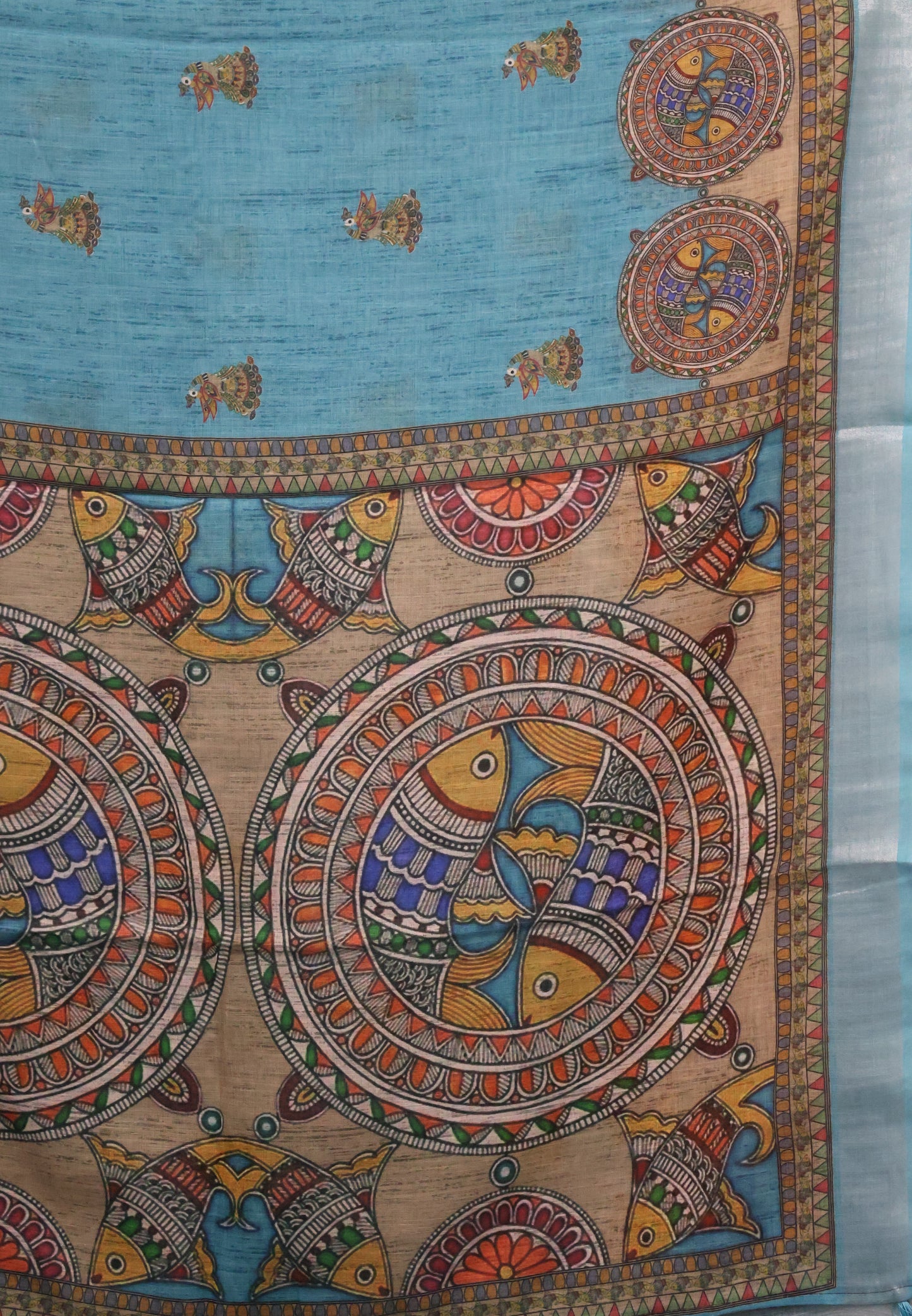Semi Linen With Madhubani Print -Blue Round Fish