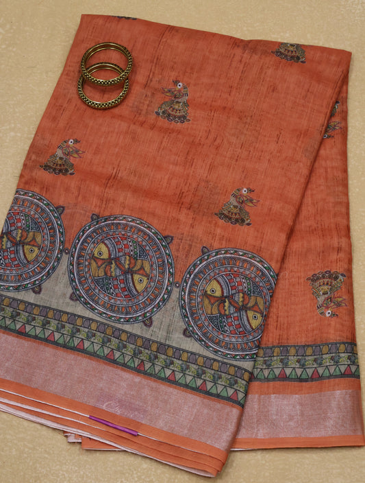 Semi Linen With Madhubani Print -Orange Round Fish