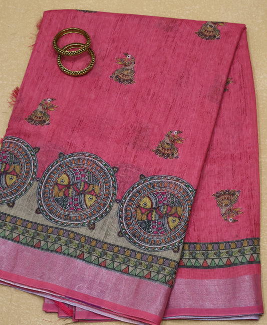Semi Linen With Madhubani Print -Pink Round Fish