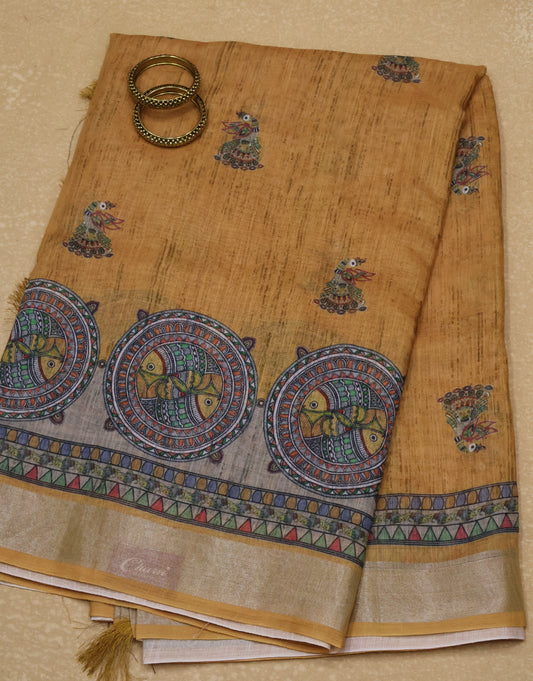 Semi Linen With Madhubani Print -Mustard Round Fish