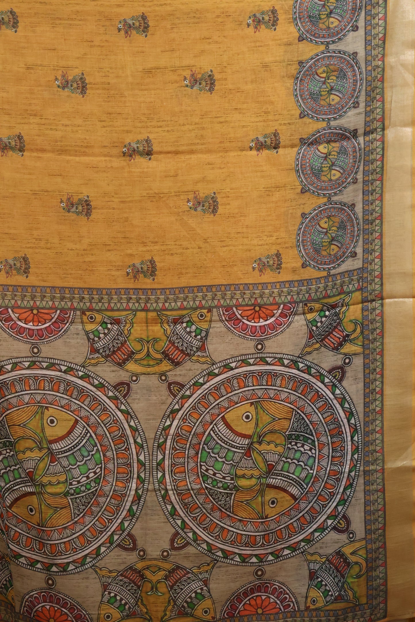 Semi Linen With Madhubani Print -Mustard Round Fish