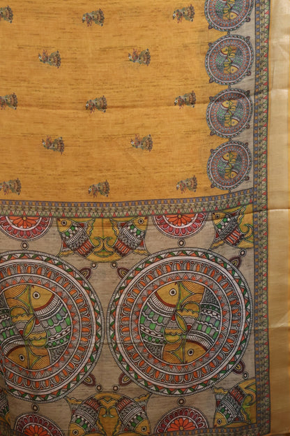 Semi Linen With Madhubani Print -Mustard Round Fish