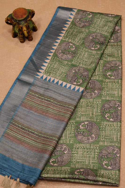 Tussar Saree-Green Peacock Pattern