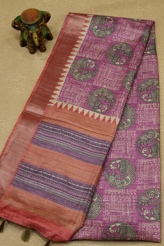 Tussar Saree-Purple Peacock Pattern