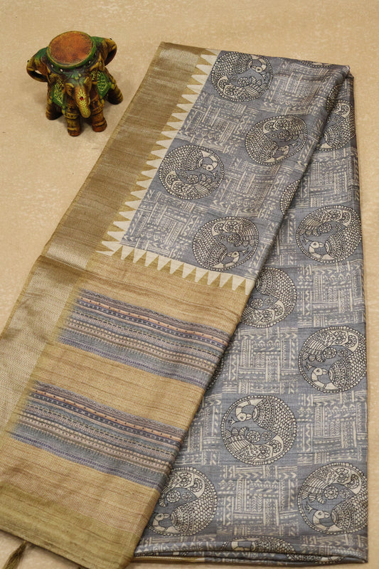 Tussar Saree-Grey Peacock Pattern