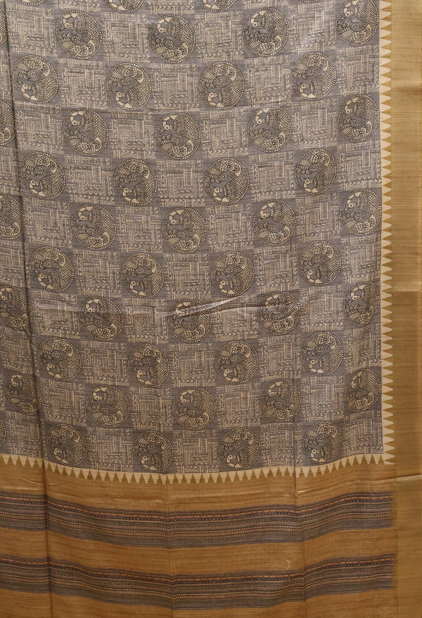 Tussar Saree-Grey Peacock Pattern