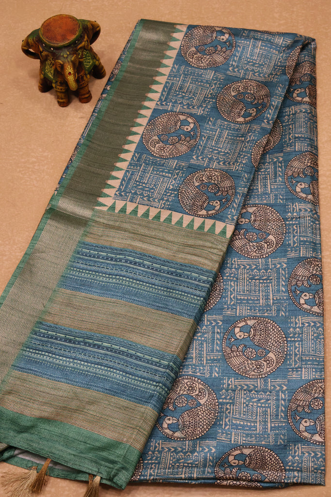 Tussar Saree-Peacock Green-Peacock Pattern