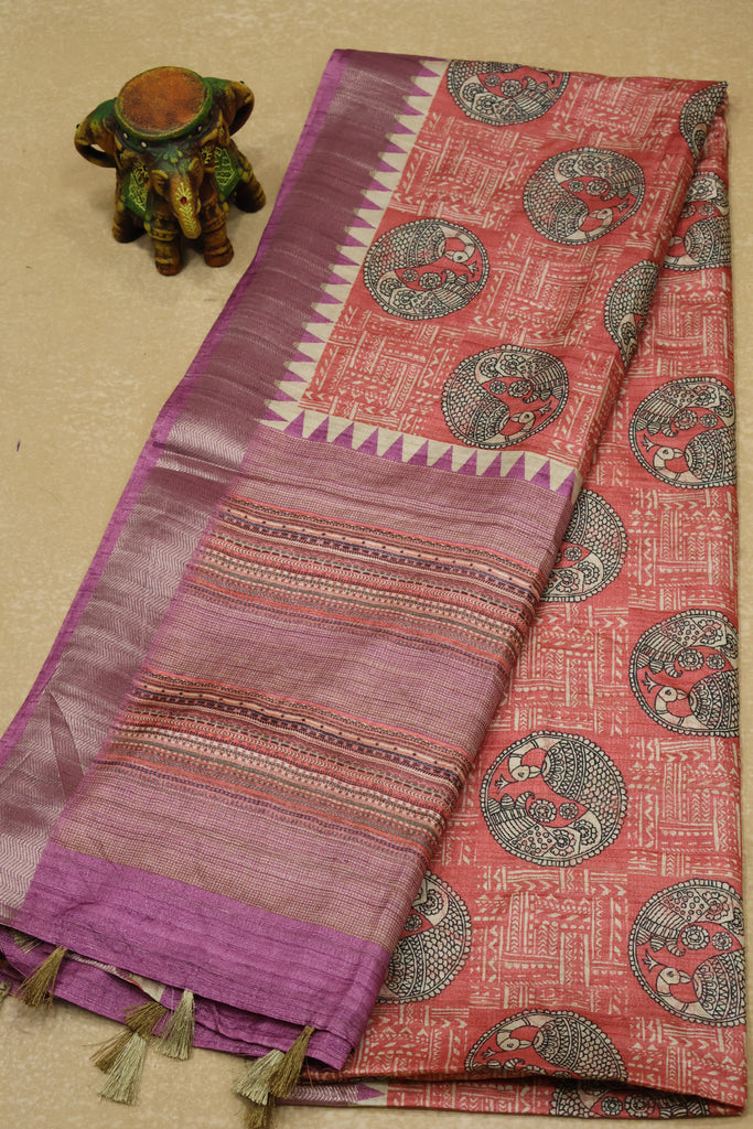 Tussar Saree-Pastle Pink -Peacock Pattern
