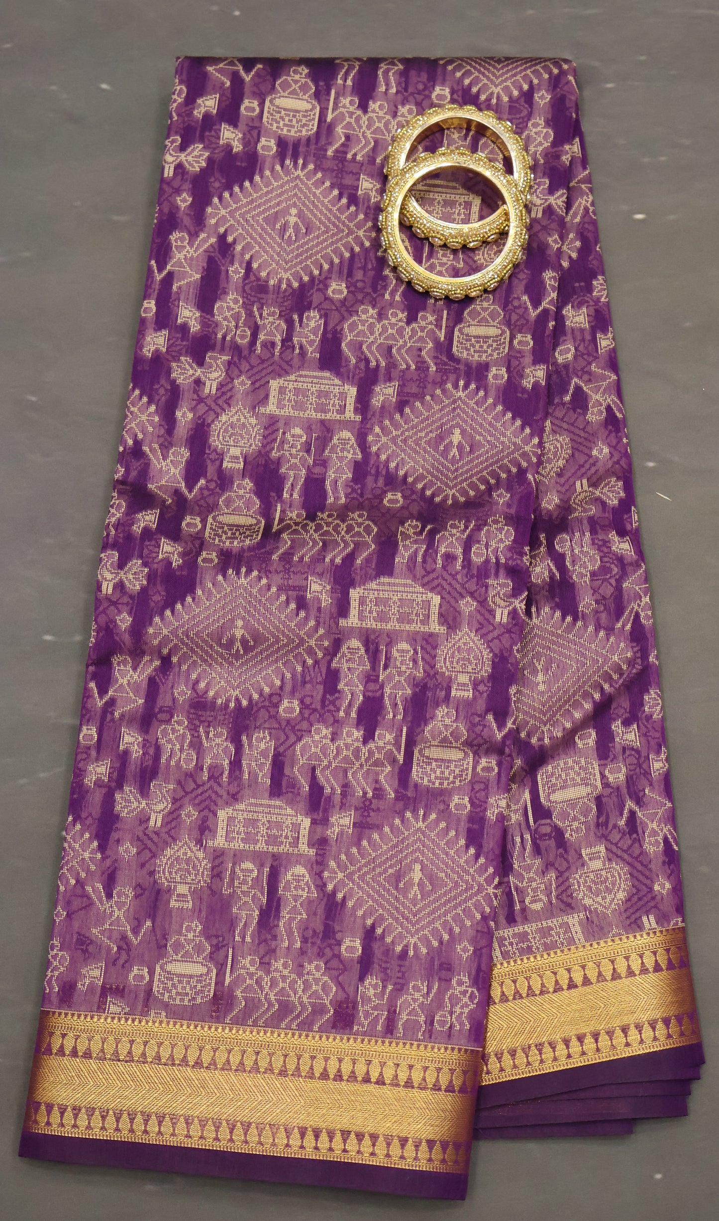 Kora Silk Cotton Saree - Warli Pattern-Purple